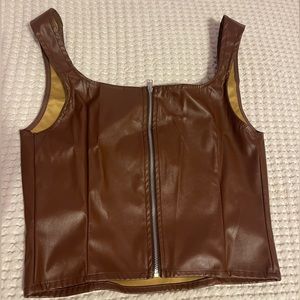 Dark brown zip-up corset.